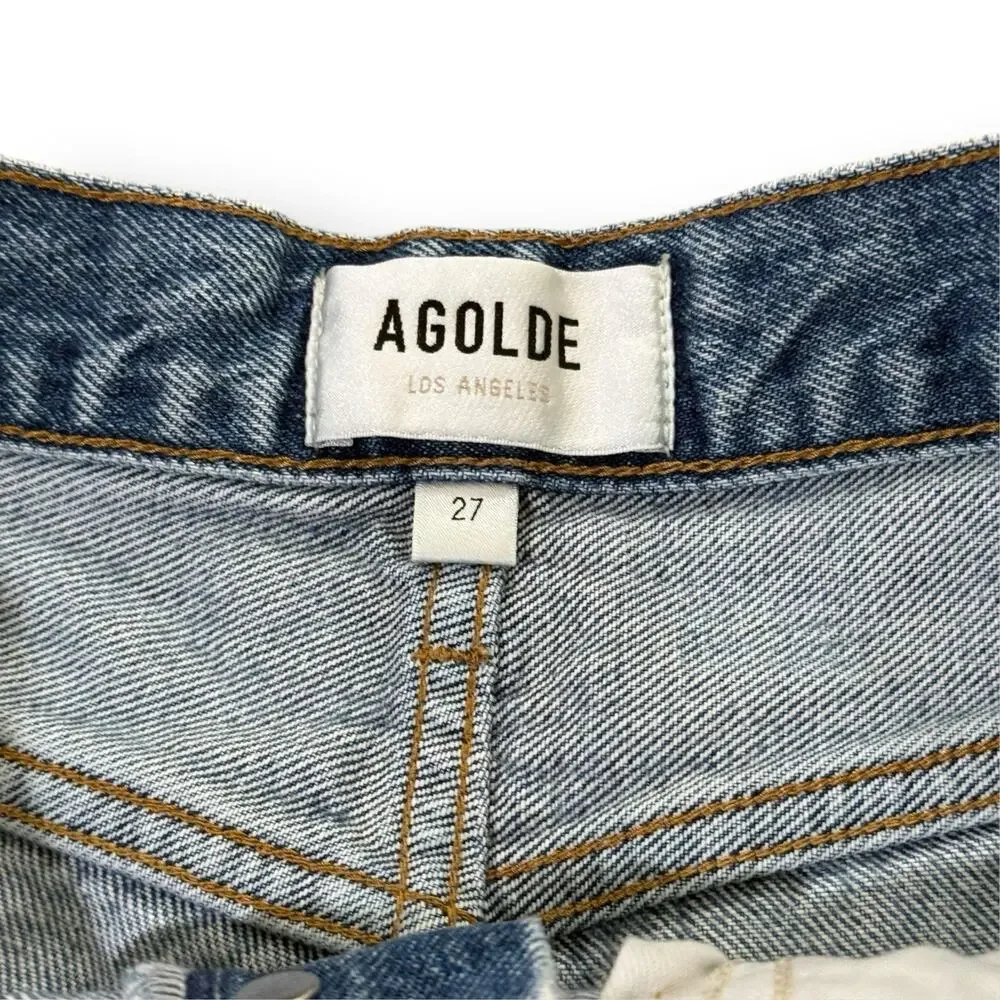 AGOLDE Parker Long High Rise Cut-Off Denim Shorts Womens 27 Blue Button-Fly
